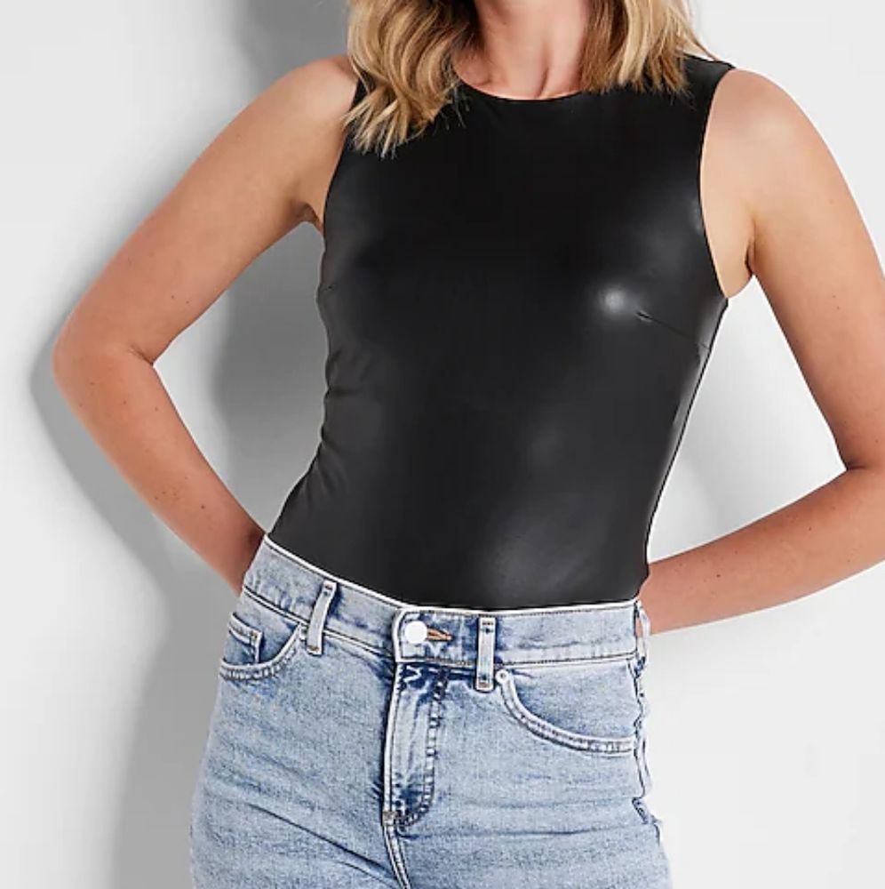 Express Body Contour Faux LeatherHigh Neck Bodysuit sz S